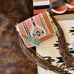 New Myra Western Fringe Cowhide Aztec Tapestry Crossbody Shoulder Tote Bag